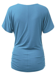WT1118 Womens V Neck Short Sleeve Wrap Front Drape Dolman Top