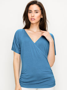 WT1118 Womens V Neck Short Sleeve Wrap Front Drape Dolman Top
