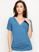 WT1118 Womens V Neck Short Sleeve Wrap Front Drape Dolman Top