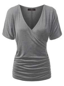 WT1118 Womens V Neck Short Sleeve Wrap Front Drape Dolman Top