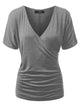 WT1118 Womens V Neck Short Sleeve Wrap Front Drape Dolman Top