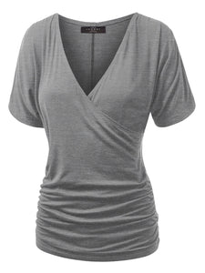 WT1118 Womens V Neck Short Sleeve Wrap Front Drape Dolman Top