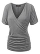 WT1118 Womens V Neck Short Sleeve Wrap Front Drape Dolman Top