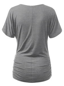 WT1118 Womens V Neck Short Sleeve Wrap Front Drape Dolman Top