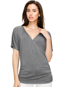 WT1118 Womens V Neck Short Sleeve Wrap Front Drape Dolman Top