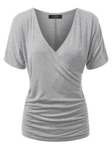 WT1118 Womens V Neck Short Sleeve Wrap Front Drape Dolman Top