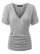 WT1118 Womens V Neck Short Sleeve Wrap Front Drape Dolman Top