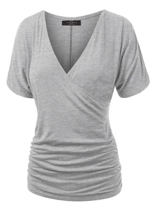 WT1118 Womens V Neck Short Sleeve Wrap Front Drape Dolman Top