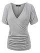 WT1118 Womens V Neck Short Sleeve Wrap Front Drape Dolman Top