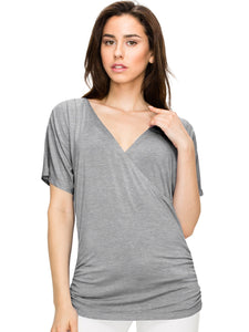 WT1118 Womens V Neck Short Sleeve Wrap Front Drape Dolman Top