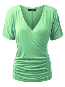 WT1118 Womens V Neck Short Sleeve Wrap Front Drape Dolman Top