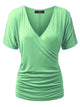 WT1118 Womens V Neck Short Sleeve Wrap Front Drape Dolman Top