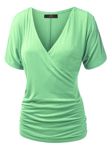 WT1118 Womens V Neck Short Sleeve Wrap Front Drape Dolman Top