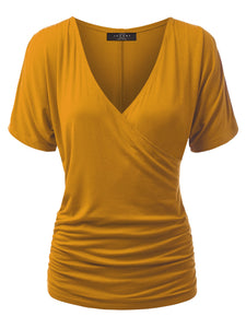 WT1118 Womens V Neck Short Sleeve Wrap Front Drape Dolman Top