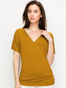 WT1118 Womens V Neck Short Sleeve Wrap Front Drape Dolman Top