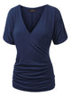 WT1118 Womens V Neck Short Sleeve Wrap Front Drape Dolman Top