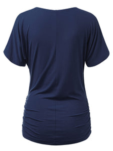 WT1118 Womens V Neck Short Sleeve Wrap Front Drape Dolman Top