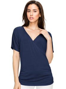 WT1118 Womens V Neck Short Sleeve Wrap Front Drape Dolman Top