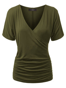 WT1118 Womens V Neck Short Sleeve Wrap Front Drape Dolman Top