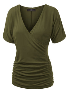 WT1118 Womens V Neck Short Sleeve Wrap Front Drape Dolman Top