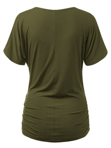 WT1118 Womens V Neck Short Sleeve Wrap Front Drape Dolman Top