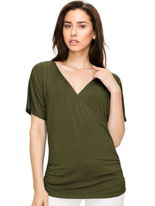 WT1118 Womens V Neck Short Sleeve Wrap Front Drape Dolman Top
