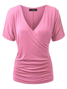 WT1118 Womens V Neck Short Sleeve Wrap Front Drape Dolman Top