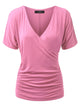 WT1118 Womens V Neck Short Sleeve Wrap Front Drape Dolman Top
