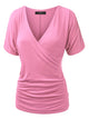 WT1118 Womens V Neck Short Sleeve Wrap Front Drape Dolman Top