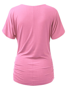 WT1118 Womens V Neck Short Sleeve Wrap Front Drape Dolman Top