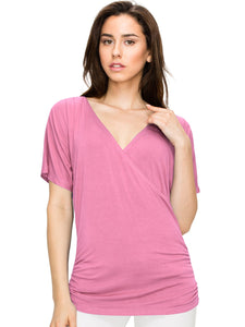 WT1118 Womens V Neck Short Sleeve Wrap Front Drape Dolman Top