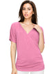 WT1118 Womens V Neck Short Sleeve Wrap Front Drape Dolman Top