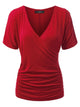 WT1118 Womens V Neck Short Sleeve Wrap Front Drape Dolman Top