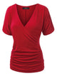 WT1118 Womens V Neck Short Sleeve Wrap Front Drape Dolman Top