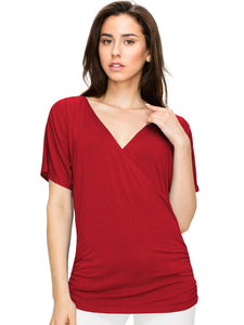 WT1118 Womens V Neck Short Sleeve Wrap Front Drape Dolman Top