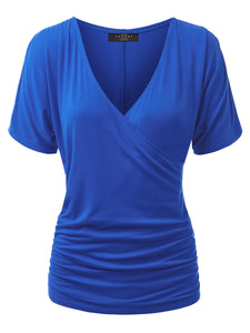 WT1118 Womens V Neck Short Sleeve Wrap Front Drape Dolman Top