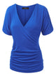 WT1118 Womens V Neck Short Sleeve Wrap Front Drape Dolman Top