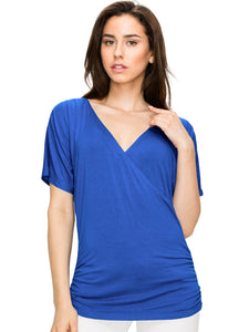 WT1118 Womens V Neck Short Sleeve Wrap Front Drape Dolman Top
