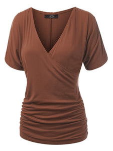 WT1118 Womens V Neck Short Sleeve Wrap Front Drape Dolman Top