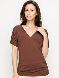 WT1118 Womens V Neck Short Sleeve Wrap Front Drape Dolman Top