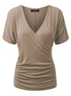WT1118 Womens V Neck Short Sleeve Wrap Front Drape Dolman Top