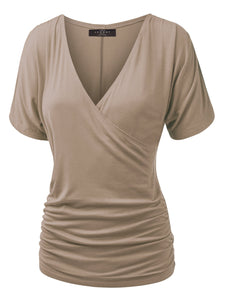 WT1118 Womens V Neck Short Sleeve Wrap Front Drape Dolman Top