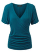 WT1118 Womens V Neck Short Sleeve Wrap Front Drape Dolman Top