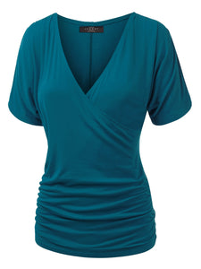 WT1118 Womens V Neck Short Sleeve Wrap Front Drape Dolman Top