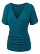 WT1118 Womens V Neck Short Sleeve Wrap Front Drape Dolman Top