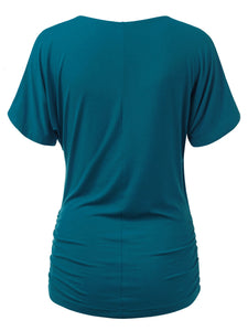 WT1118 Womens V Neck Short Sleeve Wrap Front Drape Dolman Top