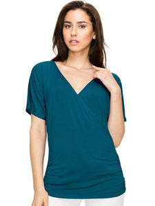 WT1118 Womens V Neck Short Sleeve Wrap Front Drape Dolman Top
