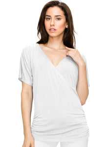 WT1118 Womens V Neck Short Sleeve Wrap Front Drape Dolman Top
