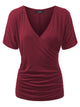 WT1118 Womens V Neck Short Sleeve Wrap Front Drape Dolman Top