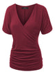 WT1118 Womens V Neck Short Sleeve Wrap Front Drape Dolman Top